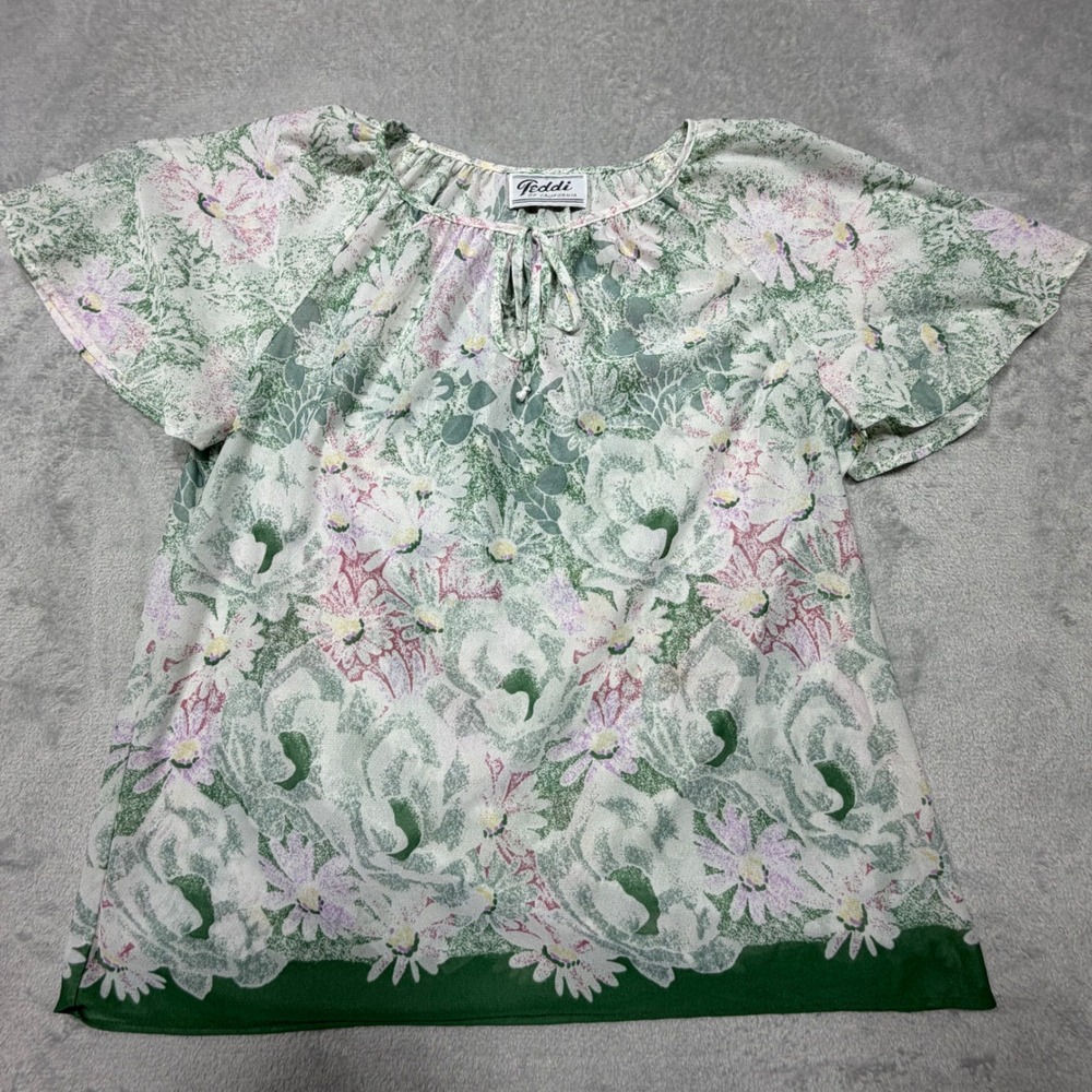 Vintage Teddi of California 70s Floral Sheer Tie Neck Flutter Sleeve Blouse Boho